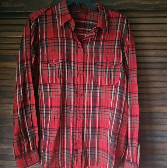 Lauren Ralph Lauren Red Plaid Button Down Cotton Blouse Epaulettes Large - Picture 4 of 10